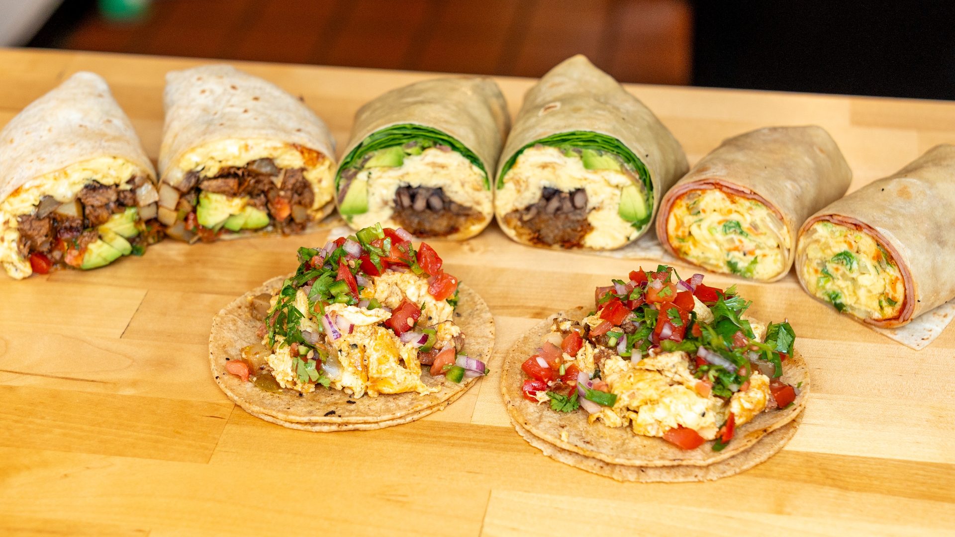 Breakfast sandwiches, tacos, and burritos