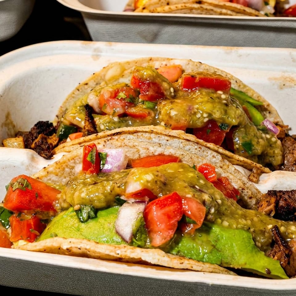 Delicious tacos with steak, avocado, and salsa verde in a compostable takeout container.