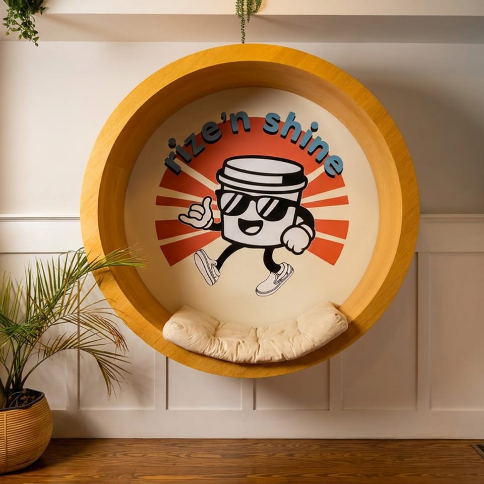 Circular wooden swing chair with "Rize 'n Shine" coffee logo, cushion, and a potted plant.
