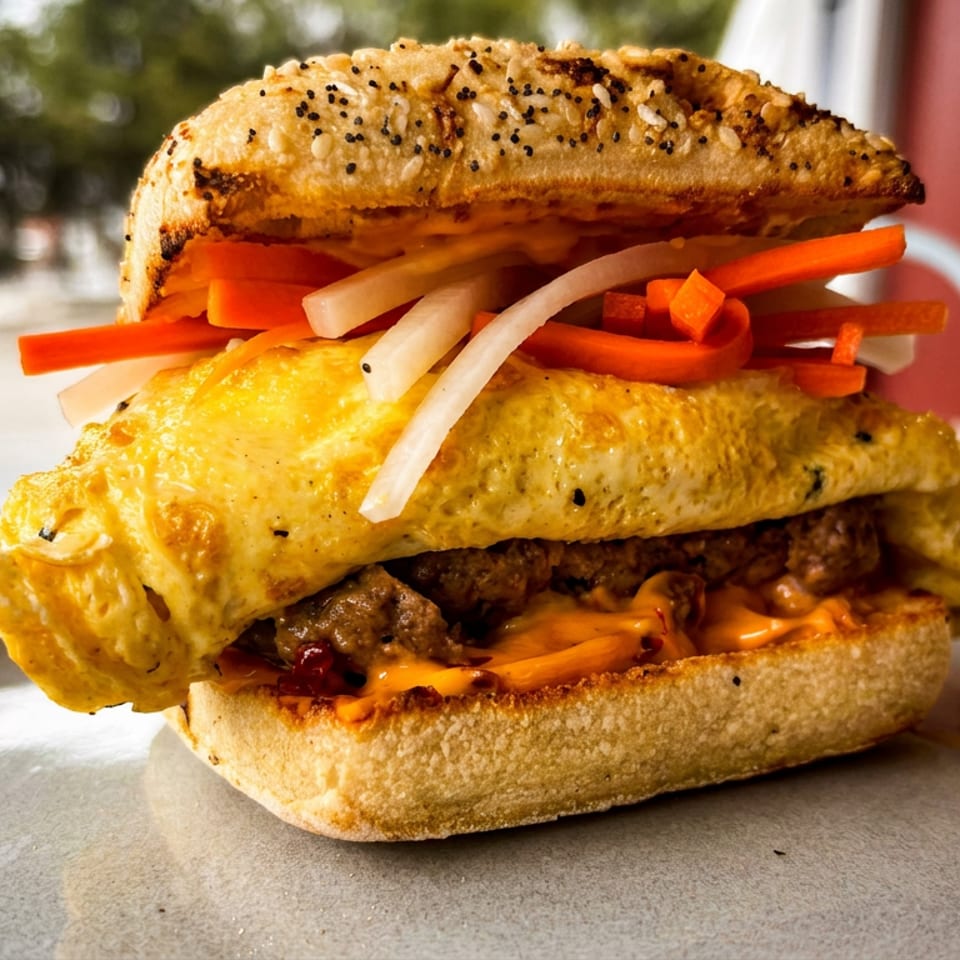 Loaded sandwich on a plate with a seeded bun, folded omelet, seasoned meat, orange sauce, onions, and sliced peppers.