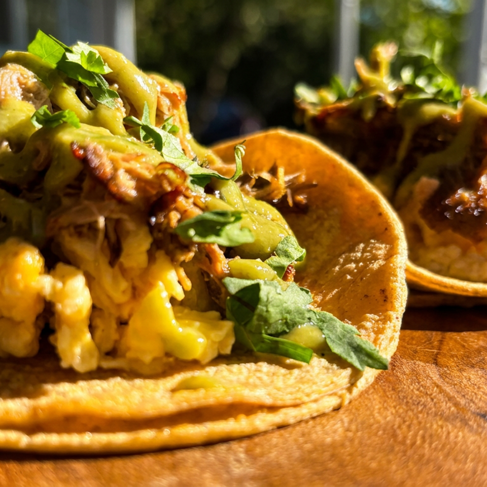 Two vibrant tacos filled with scrambled eggs, meat, green sauce, and cilantro on a wooden board.