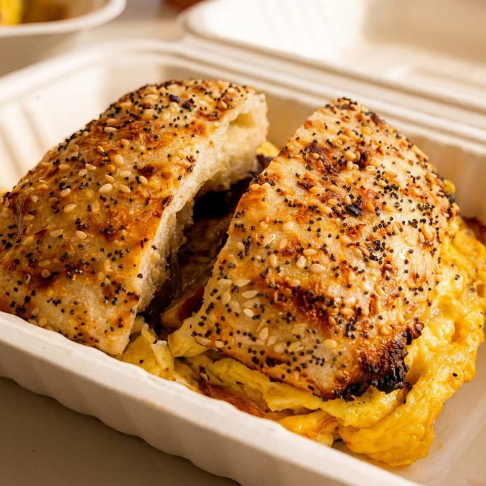 Everything bagel breakfast sandwich with scrambled eggs and cheese in a takeout container.